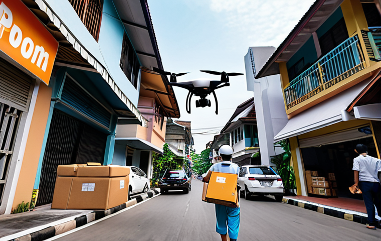 **Prompt:** A drone gracefully delivering a package in a bustling Bangkok neighborhood, focus on the safe and swift transport, highlighting customer satisfaction and modern technology. Include happy customers.