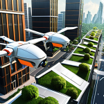 **Prompt:** A futuristic cityscape with delivery drones zipping between buildings, delivering food and medicine. The scene should emphasize speed and convenience, showcasing how drones improve daily life. Include lush green spaces and energy-efficient architecture to represent environmental consciousness.