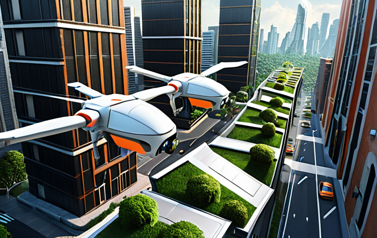 **Prompt:** A futuristic cityscape with delivery drones zipping between buildings, delivering food and medicine. The scene should emphasize speed and convenience, showcasing how drones improve daily life. Include lush green spaces and energy-efficient architecture to represent environmental consciousness.